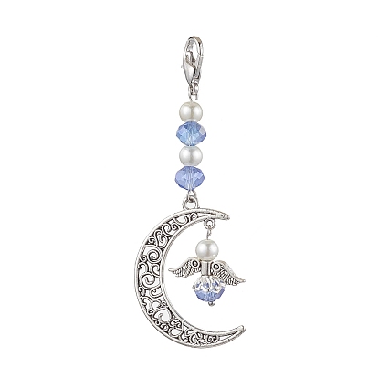 Moon Angel Alloy & Glass Pendant Decorations, Lobster Claw Clasps Charms for Backpack Ornaments