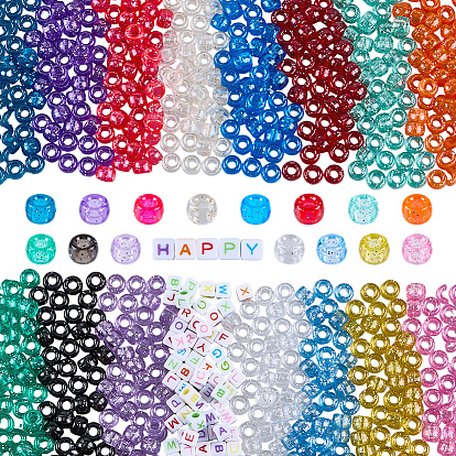 750шт 15 цвета прозрачные пластиковые бусины, с блеском порошок, баррель, с 350шт. акриловых бусин с инициалами