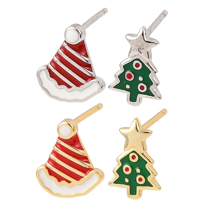 925 стерлингового серебра серьги стержня, с эмалью, рождественская елка и рождественская шапка, слева и справа