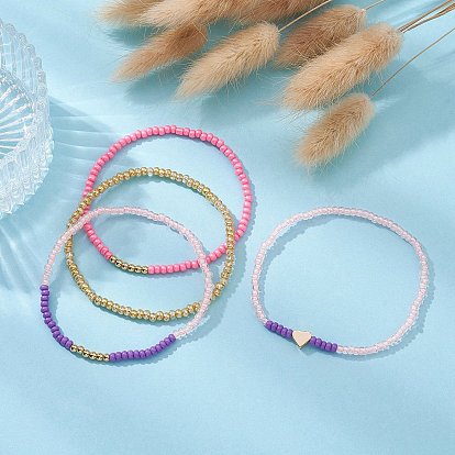 4Pcs 4 Style Brass Heart & Glass Seed Beaded Stretch Bracelets Set, Stackable Bracelets