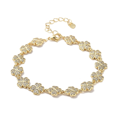 Rack Plating Brass Pave Clear Cubic Zirconia Clover Link Chain Bracelets for Women, Cadmium Free & Lead Free, Long-Lasting Plated