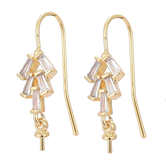 Brass Micro Pave Cubic Zirconia Earring Hooks, for Half Drilled Beads, Long-Lasting Plated, Tree, Clear