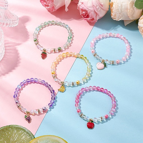 5шт 5 цвета синтетические лунные камни бусины эластичные браслеты для женщин, с подвеской из сплава эмали и стеклянной жемчужной бусиной