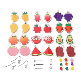 DIY Fruit Dangle Earring Making Kit, Including Apple & Grape & Peach & Orange Acrylic Pendants, Plastic Beads, 304 Stainless Steel Earring Hooks
