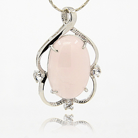 Natural Rose Quartz Pendants, with Brass Rhinestone Findings, Oval Charms, Platinum