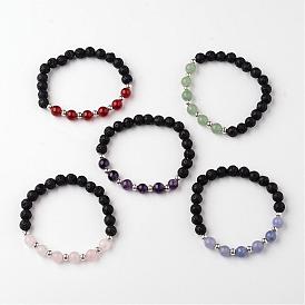 Natural Lava Rock Beaded Stretch Bracelets, with Gemstone Beads and Tibetan Style Alloy Beads, 55mm