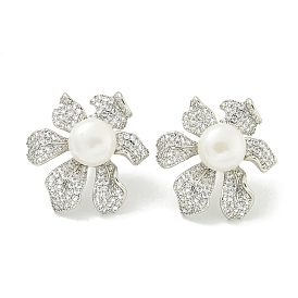 Rack Plating Brass Micro Pave Clear Cubic Zirconia Stud Earrings, with Shell Pearl, Flower