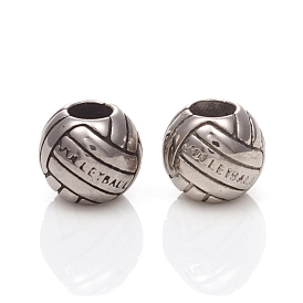 304 Stainless Steel European Beads, Sports Beads, Large Hole Beads, Volleyball with Word VOLLEYBALL