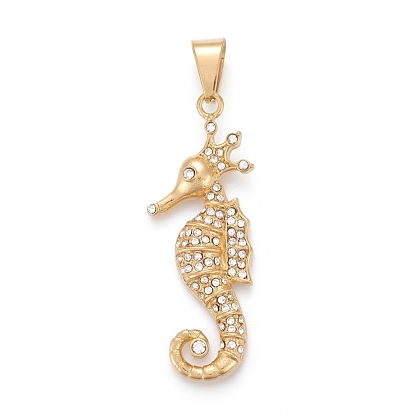 304 Stainless Steel Big Pendants, with Crystal Rhinestone, Sea Horse