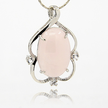 Natural Rose Quartz Pendants, with Brass Rhinestone Findings, Oval Charms, Platinum