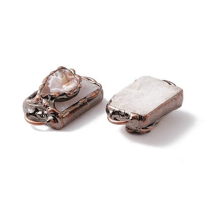Natural Druzy Agate Connector Charms, with Red Copper Tone Brass Findings, Rectangle, Cadmium Free & Lead Free