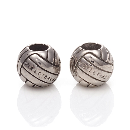 304 Stainless Steel European Beads, Sports Beads, Large Hole Beads, Volleyball with Word VOLLEYBALL
