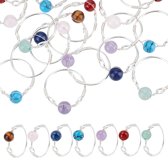 28 шт 7 стили круглые чакры натуральные и синтетические драгоценные камни бусины кольца, с экологически чистой медной проволокой