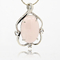 Natural Rose Quartz Pendants, with Brass Rhinestone Findings, Oval Charms, Platinum
