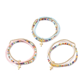 Glass Seed Beads Multi-Strand Bracelets, with Golden Plated 304 Stainless Steel Cross Charms