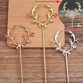 Iron Hair Stick Findings, with Alloy Cabochons Setting, Antler