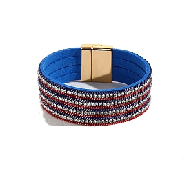 USA Flag Style Imitation Leather Cord Bracelet with Rhinestone and Magnetic Clasp