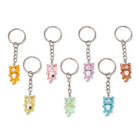 Luminous Transparent Resin Pendants with Iron Split Key Rings Keychain, Cat Shape
