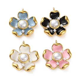 304 нержавеющей стальной эмали подвески, с пластиковыми бусинами из искусственного жемчуга, цветочный шарм, золотые