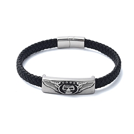 Men's Braided Black PU Leather Cord Bracelets, Skull Wing 304 Stainless Steel Link Bracelets with Magnetic Clasps