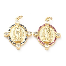Brass Micro Pave Cubic Zirconia Pendants, Long-Lasting Plated, Real 18K Gold Plated, Oval with Saint