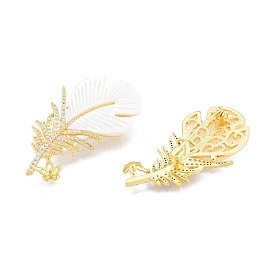 Brass Micro Pave Clear Cubic Zirconia Brooch Findings, Lapel Pin Findings with Shell, for Half Drilled Beads, Feather