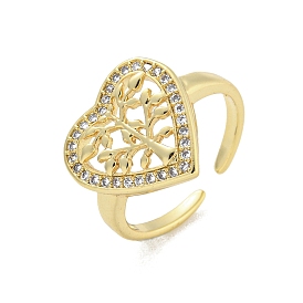 Rack Plated Brass Micro Pave Clear Cubic Zirconia Heart with Tree Open Cuff Ring for Women, Lead Free & Cadmium Free, Long-Lasting Plated