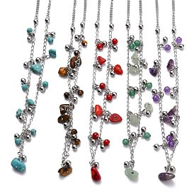 304 Stainless Steel Pendant Necklaces, with Natural & Synthetic Gemstone Beads and Twist Chains, Chips & Round, Stainless Steel Color