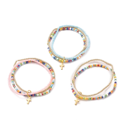 Glass Seed Beads Multi-Strand Bracelets, with Golden Plated 304 Stainless Steel Cross Charms