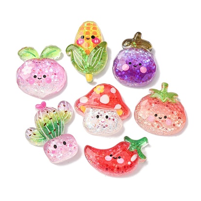 Светящиеся кабошоны из прозрачной смолы, овощи, с блестка, светится в темноте