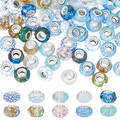 64шт 10 стили непрозрачные смоляные европейские бусины, бусины с большим отверстием, рондель с латунными сердечниками, Платина и серебро