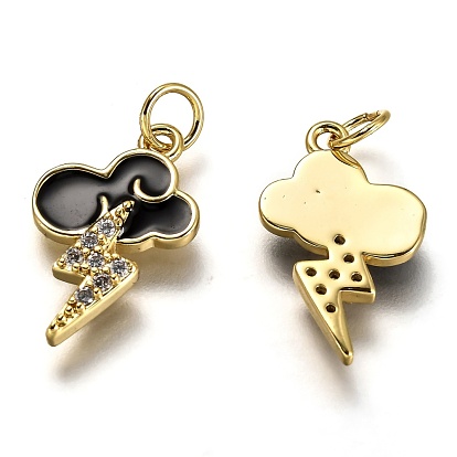 Brass Micro Pave Clear Cubic Zirconia Pendants, Long-Lasting Plated, with Jump Rings & Black Enamel, Cloud with Lighting
