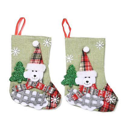 Cloth Hanging Christmas Stocking, with Plaid Pattern, Candy Gift Bag, for Christmas Tree Decoration, Bear and Snowflake