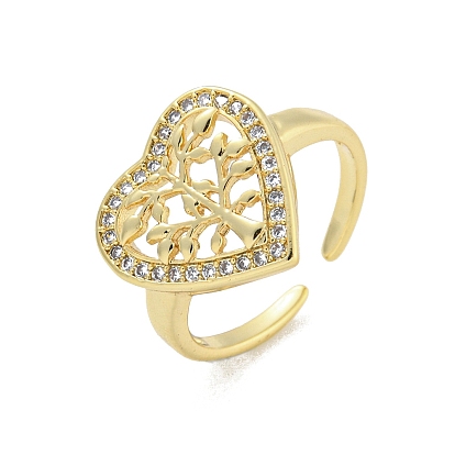 Rack Plated Brass Micro Pave Clear Cubic Zirconia Heart with Tree Open Cuff Ring for Women, Lead Free & Cadmium Free, Long-Lasting Plated