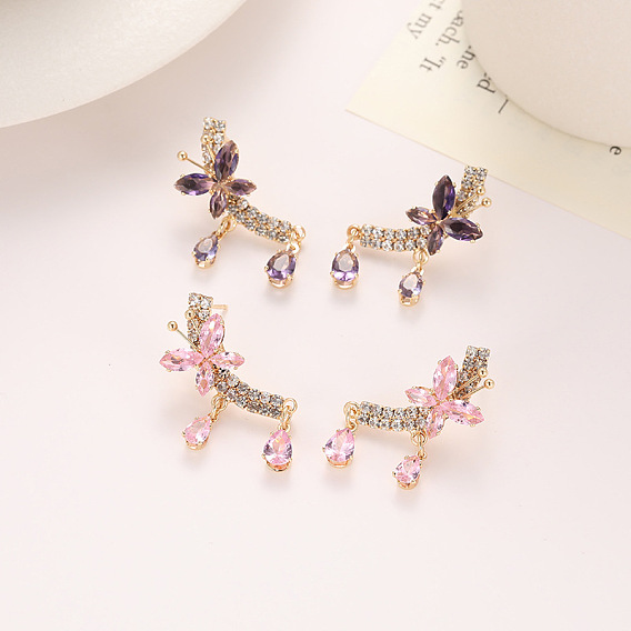 Серьги-гвоздики из сплава и кубического циркония, бабочка со слезой, золотые