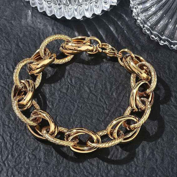 304 Stainless Steel Textured Oval Link Chain Bracelets, Ion Plating(IP)