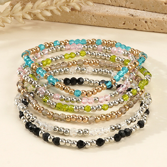 Эластичные браслеты из стекла и 304 нержавеющей стали с бусинами для женщин, рондель, цвет нержавеющей стали
