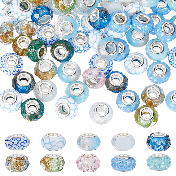 64шт 10 стили непрозрачные смоляные европейские бусины, бусины с большим отверстием, рондель с латунными сердечниками, Платина и серебро