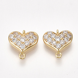 Brass Cubic Zirconia Links, Heart, Nickel Free, Real 18K Gold Plated