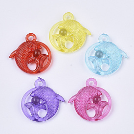 Transparent Acrylic Pendants, Dyed, Flat Round with Dolphin