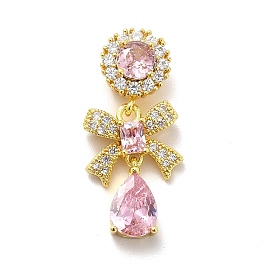 Brass Micro Pave Clear Cubic Zirconia Pendants, with Pink Glass, Bowknot with Teardrop