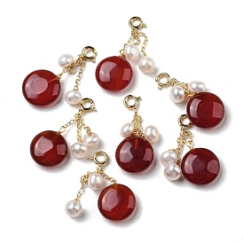 Natural Red Agate Flat Round Pendant Decorations, Natural Freshwater Pearls Tassel Ornament with Brass Spring Ring Clasps