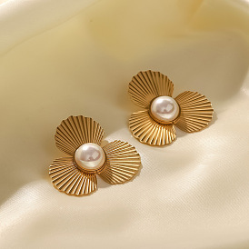 Chic French Style Pearl Earrings with Fan Design in 16K Gold Plated Stainless Steel