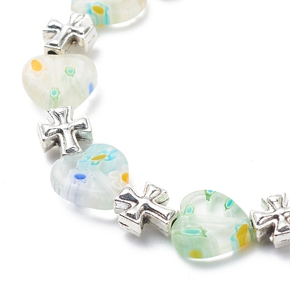 Handmade Millefiori Lampwork Heart & Alloy Cross Beaded Stretch Bracelet for Women