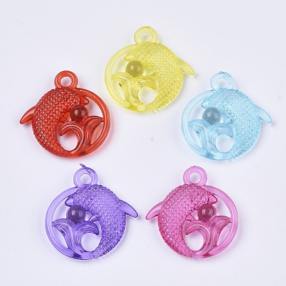 Transparent Acrylic Pendants, Dyed, Flat Round with Dolphin