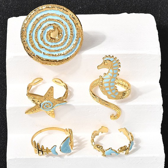 Океанская тема 304 кольца-манжеты из нержавеющей стали и эмали для женщин, реальный 18 k позолоченный