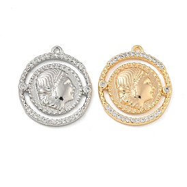 Brass Pave Clear Cubic Zirconia Pendants, Round with Portrait