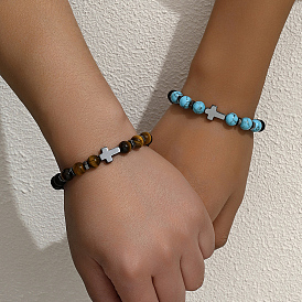 2шт. 2 стили матовый натуральный черный обсидиан и тигровый глаз и синтетическая бирюза круглые бусины эластичные браслеты, немагнитные браслеты с подвесками в виде креста из гематита для мужчин и женщин