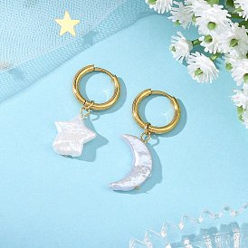 Серьги-подвески в виде луны и звезды из натурального культивированного пресноводного жемчуга с ядром, с 304 серьгами-кольцами из нержавеющей стали