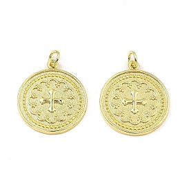 Brass Pendants, with Jump Ring, Long-Lasting Plated, Lead Free & Cadmium Free, Flat Round with Cross Charm